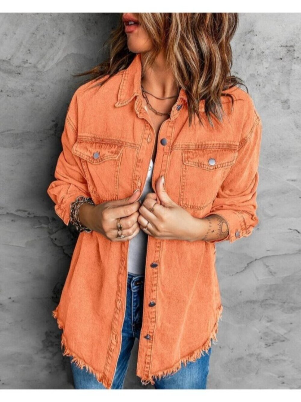 〽️Women Orange Drop Shoulder Button Up Oversized Frayed Raw Hem Denim Jean Jacke - Picture 3 of 6